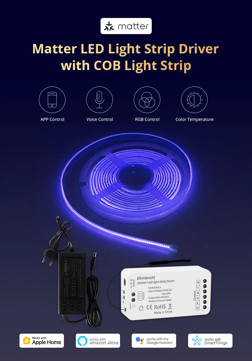 Matter LED Light Strip Driver COB RGBCCT 16W High Density Flexible Tape IP65 Wor