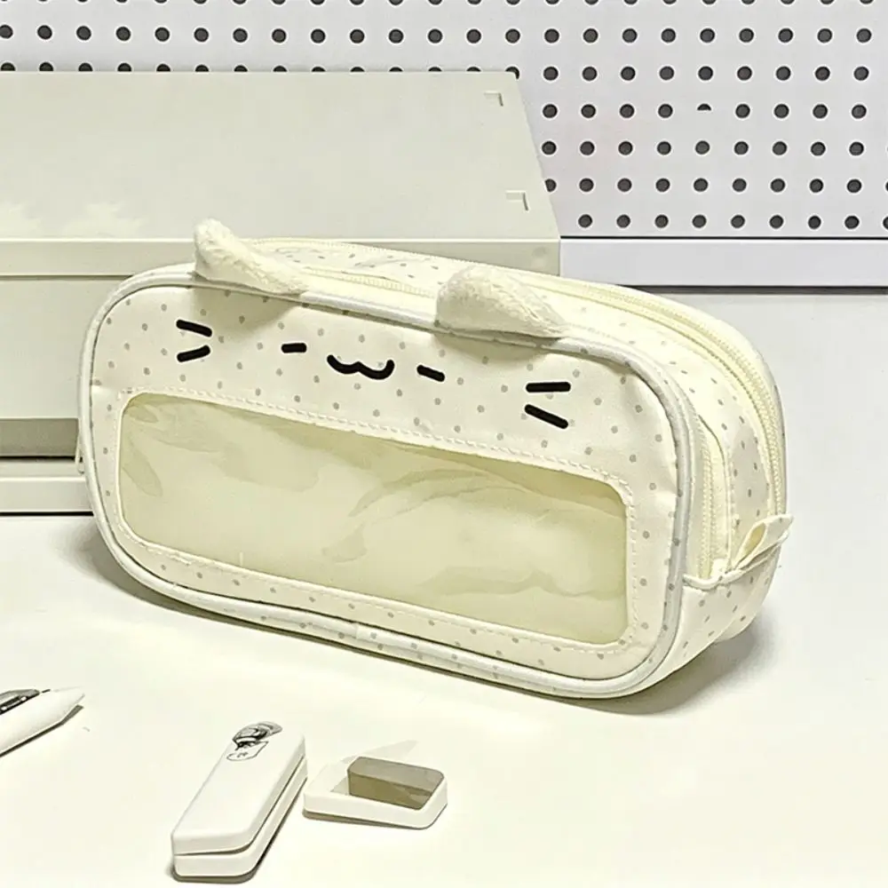 이타 디스플레이 창이 있는 내구성 있는 필통 고양이 패턴 이중 레이어 펜 가방 대용량 휴대용 문구 가방 학생용