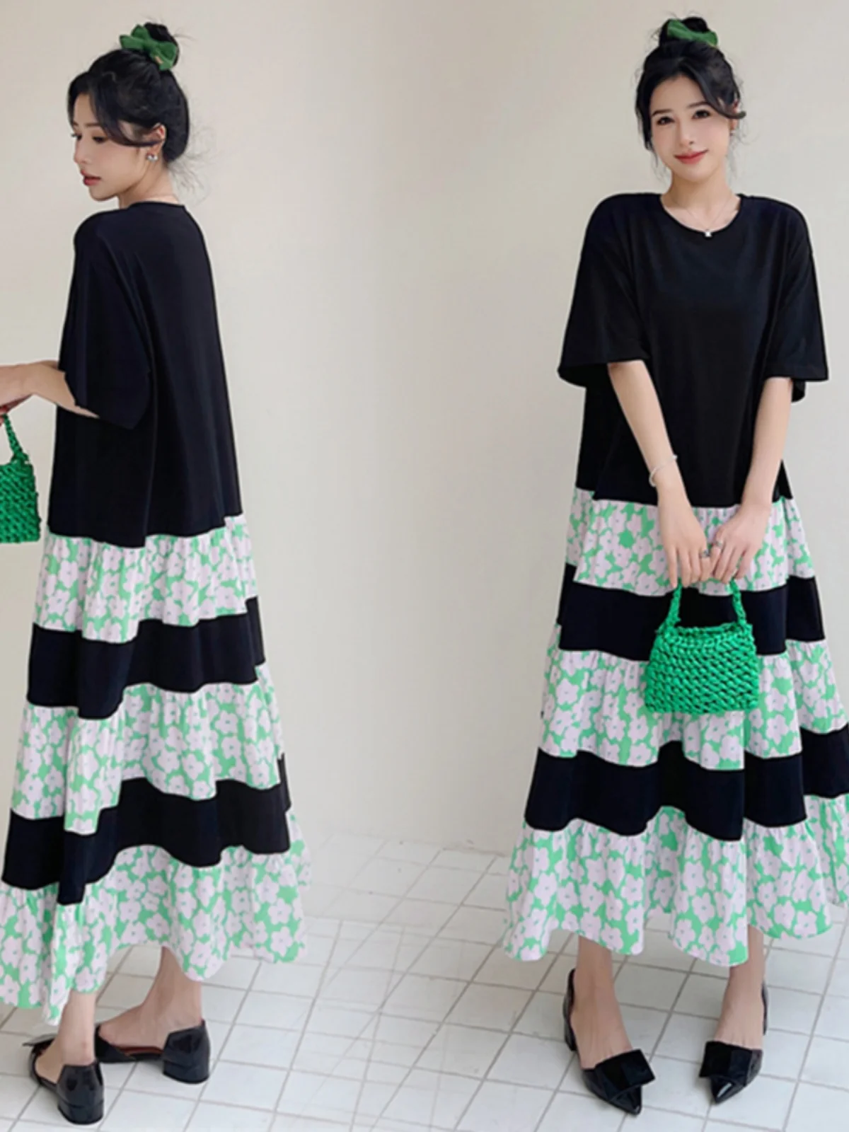 

2024 Women Summer New Fashion O-neck Loose Dresses Female Casual Patchwork Dress Ladies Short Sleeve A-line Vestidos C123