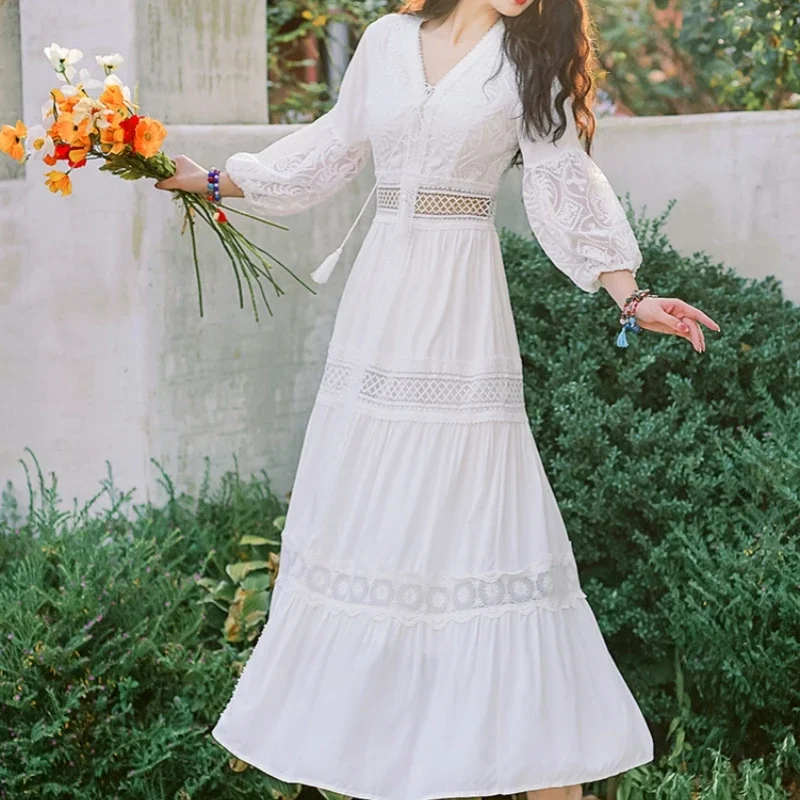 Bohemian White Beach Dress Women Elegant Party Dresses Spring Auutm V-neck Sexy Hollow Out High Waist Long Robe Vestidos