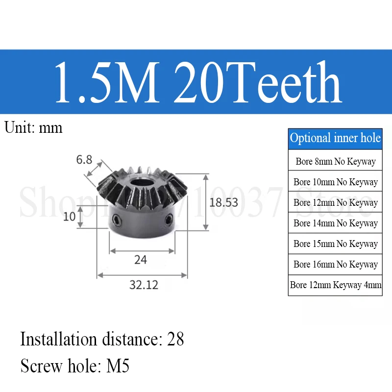 1:1 Bevel Gear 1.5M 16/20/25/30 Teeth 45# Steel 90 Degree Meshing Angle Steel Gear Screw Hole M5 Bore 6/8/10/12/14/15/16mm 1PC