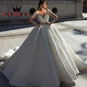 Exquisite Sequined Lace Crystal Wedding Dresses 2023 Long Sleeve O Neck Floor Length Bride Ball Gowns Robe De Mariée L25M