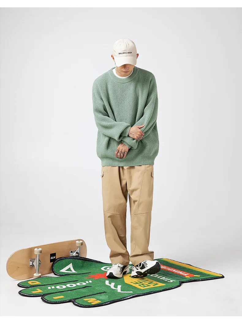 Heavyweight Thick Needle Pit Stripe Texture Sweater Solid Loose Round Neck Knit Jersey Coat man clothes 4