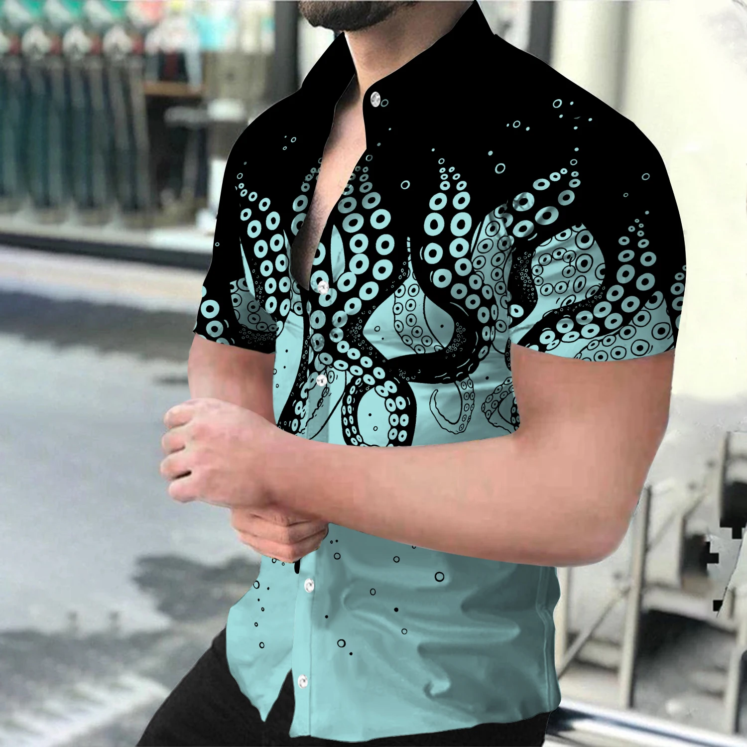 

Fashion Luxury Social Men Shirts Lapel Button Shirts Casual Octopus Print Short Sleeve Tops Men's Clothing Prom Cardigan