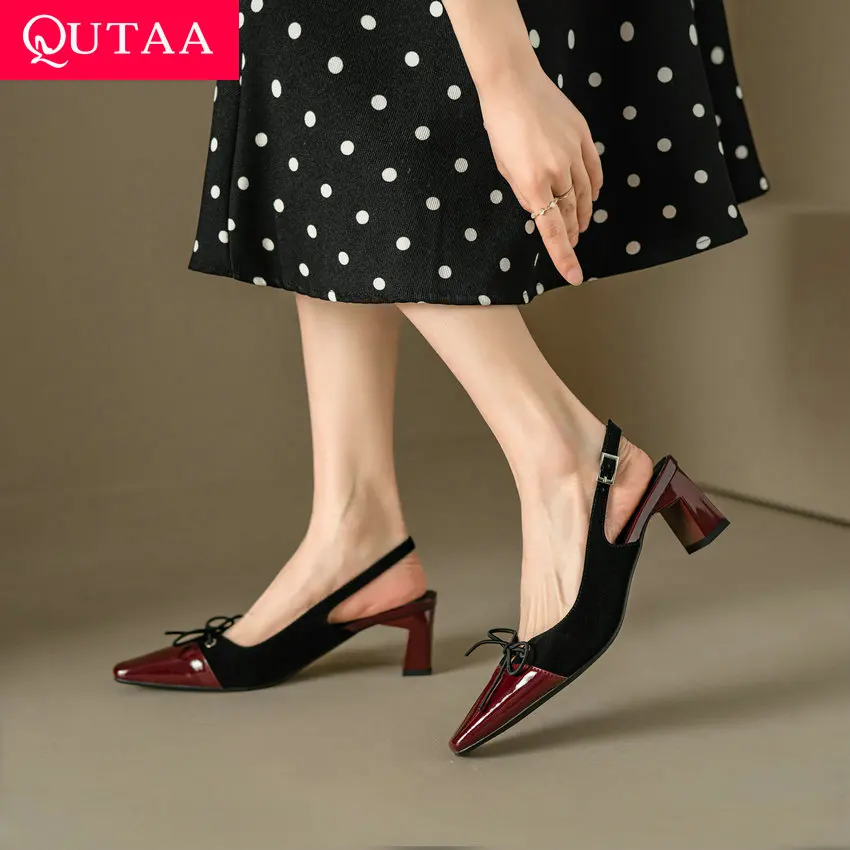 

QUTAA 2023 Women Pumps Spring Summer Square Med Heel Patent Leather Square Toe Slingback Ankle Strap Size 34-39