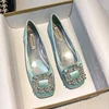 2023 Spring/Summer New Fashion Rhinestone Square Button Flat Bottom Shoes Satin Shallow Mouth Square Head Casual Women's Shoes 2
