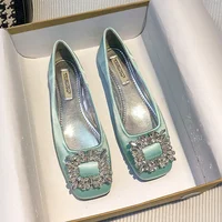 2023 Spring/Summer New Fashion Rhinestone Square Button Flat Bottom Shoes Satin Shallow Mouth Square Head Casual Women's Shoes 2