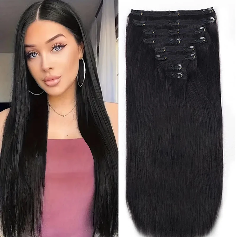 Straight Clip In Hair Extensions Human Hair Full Head Brazilian Clip In 8 Pcs/Set Natural Hair Clip Ins 26 Inches 120G Remy Hair