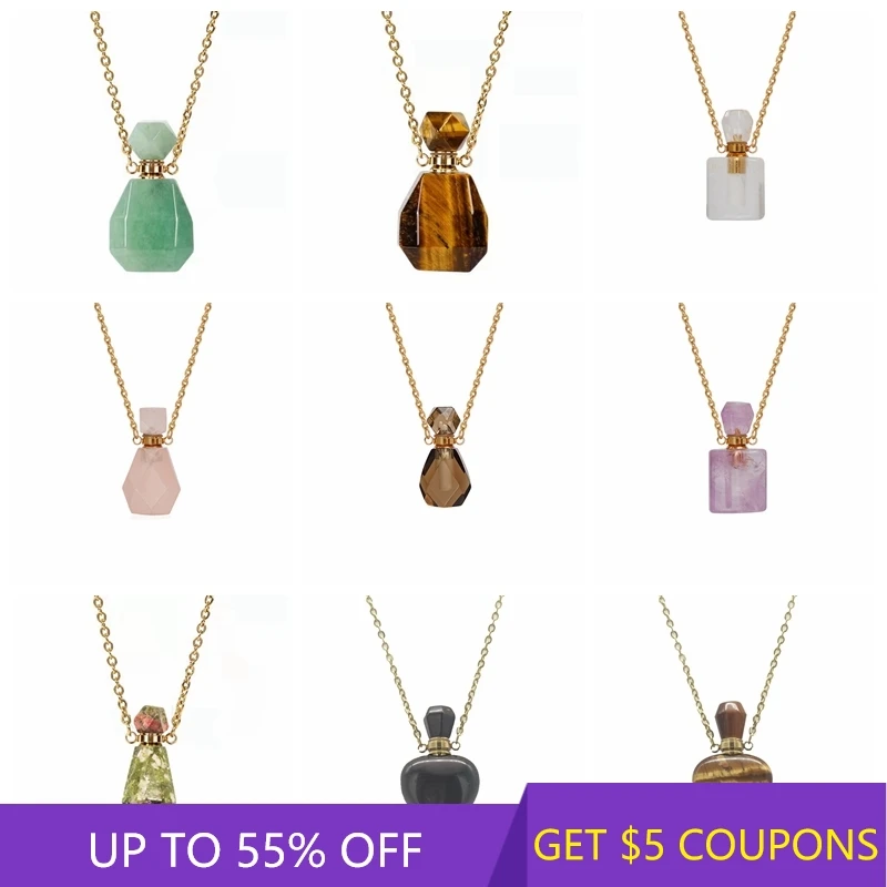 

Natural Crystal Perfume Bottle Pendant Golden Chain Amethyst Rose Quartz Stone Pendulum Healing Essential Oil Diffuser Necklace