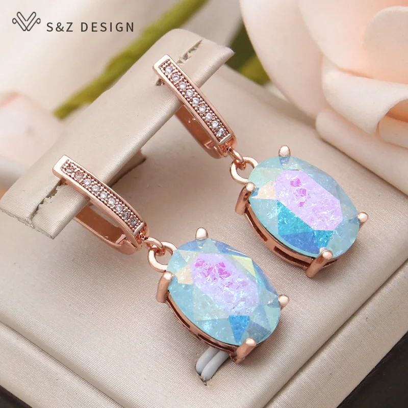 S&Z DESIGN New Fashion Ice Crack Egg Shape Oval Crystal Dangle Earrings For Women 585 Rose Gold Color Cubic Zirconia Jewelry