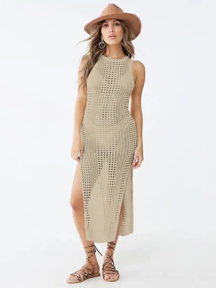 Bikini Smock for Women's Sleeveless Crochet Dress, Knitted Fashion Beach Solid Color Side Slit O-neck Summer Beach Swimsuit