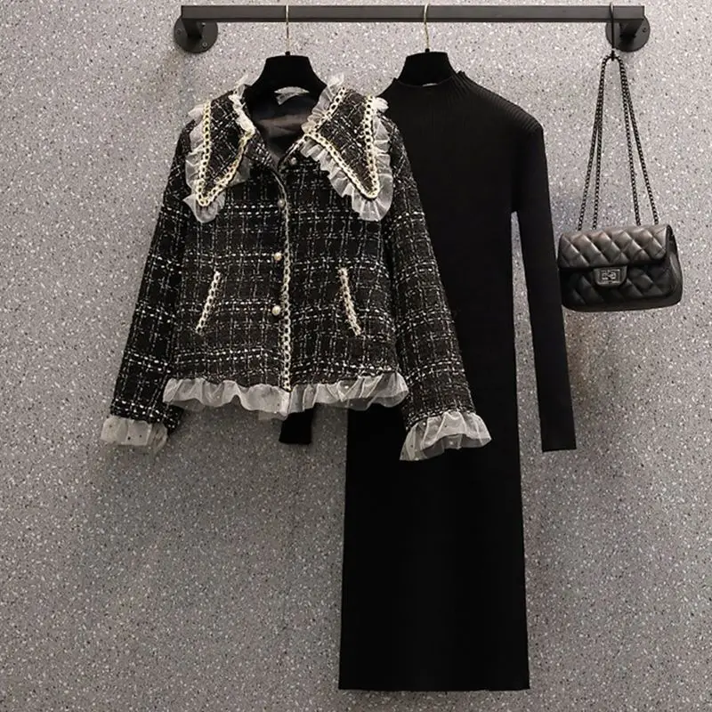 

Women's Clothing Spring Autumn Fashion Outfits 2023 New Small Fragrant Coat Half High Neck Knitted Dress Two Piece Set Fashion