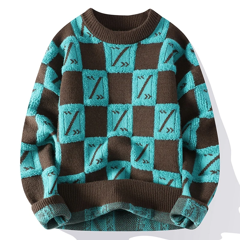 Men's Round Neck Sweater Autumn and Winter New Fashionable Printed Striped Plaid Long Sleeved Youth Popular Loose Sweater Tops