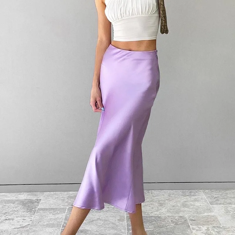 

Casual Satin High Waisted Skirt Women 2023 Summer Elegant Slim Long Skirts Solid Purple Hip-Wrap Office Lady Silk Skirt 25959