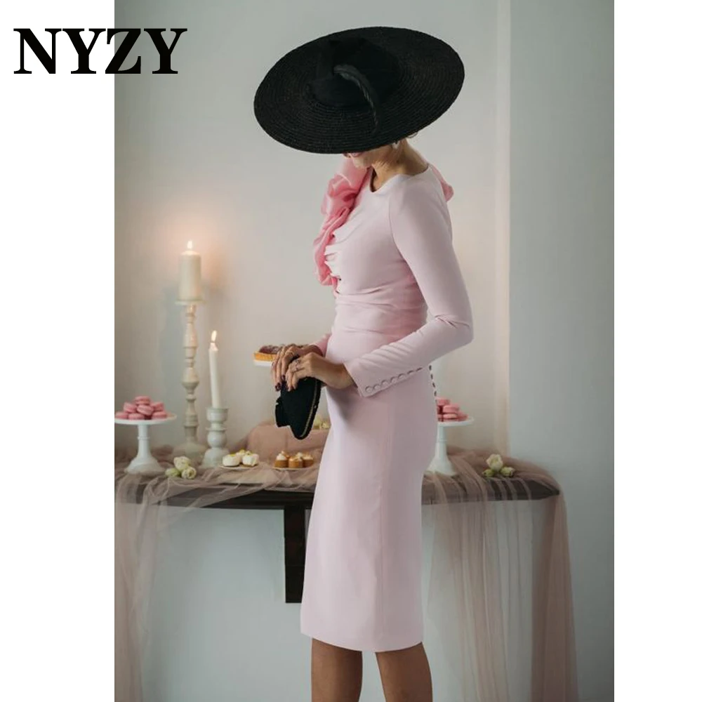 NYZY M311 Elegant Sheath Long Sleeves Pink Cocktail Dresses Wedding Party Evening Formal Gowns