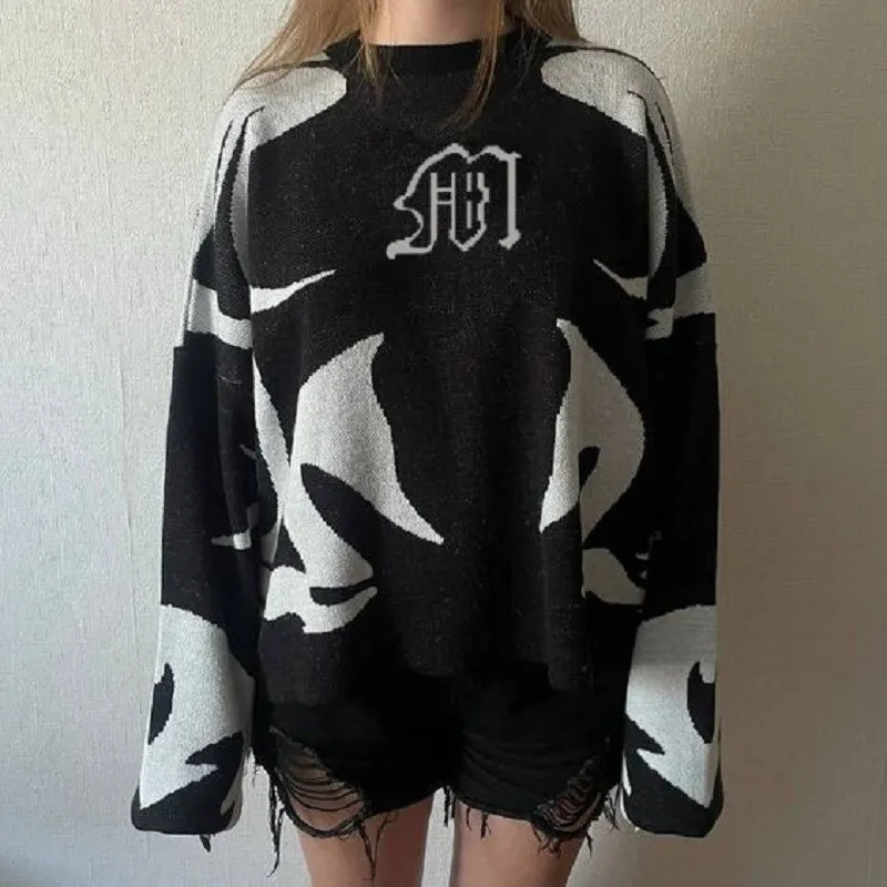 

Grunge Y2k Extra Large Knitted Sweater Women's Street Trend Fashion Letter Pattern Knitted Pullover Punk American Pullover