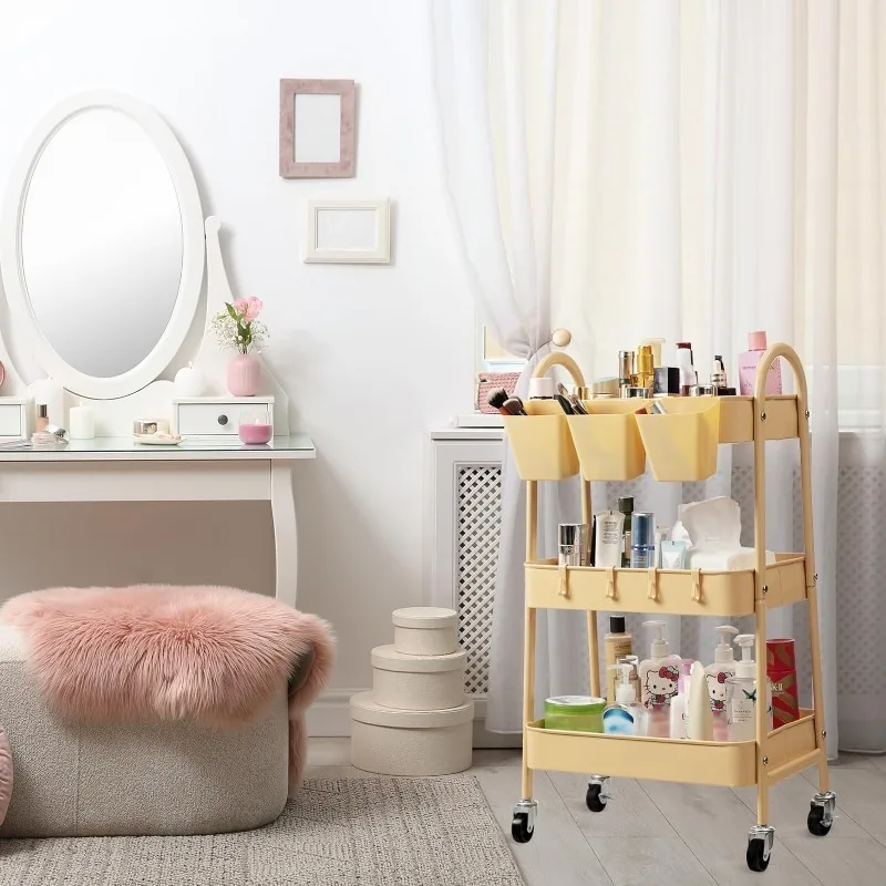 3-Tier Rolling Cart, Metal Rolling Storage with Lockable Wheels & Hanging Cups & Hooks, Mobile Trolley Cart for Kitchen