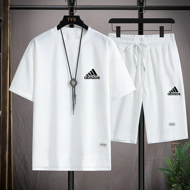 

2024 Fashion new summer men breathable comfortable Waffle two-piece sports short-sleeved casual T-shirt + shorts jogging suit