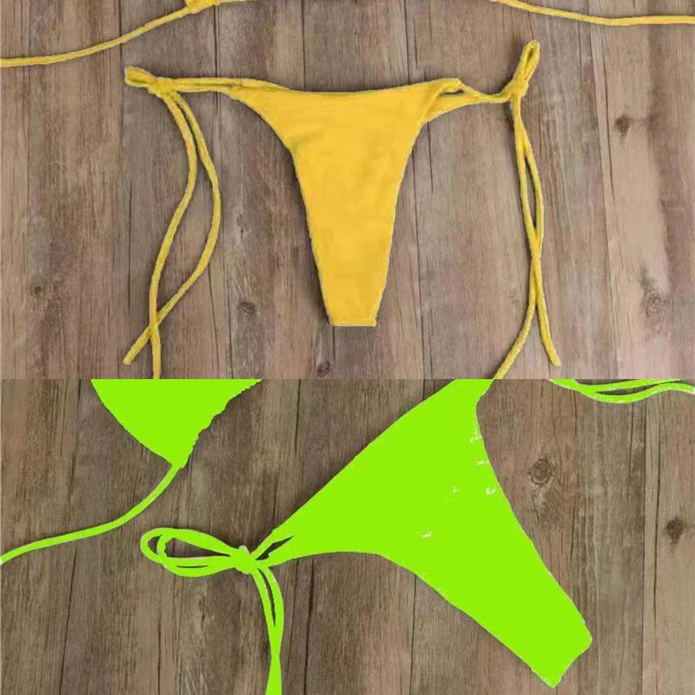 Sexy Women Thong Solid Color Bikini Set Side Halter Tie Swimsuit Ladies Split Strap Adjustable Brazilian Swimwear Soft Beachwear - Image 3