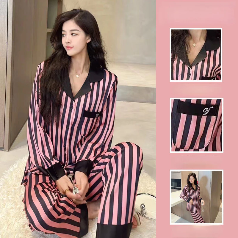 Silk Pajamas Women Long Sleeve Tops Pants Pajama Sets Sleepwear Striped Loungewear Buttons Cardigan Luxury Brand Clothing Korean