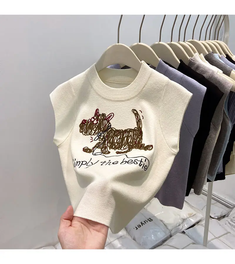 Description Picture 3 of itemCartoon Embroidered Knitted Vest for Women in Summer New Design Slim Fit and Slim Pullover Sleeveless Short Top