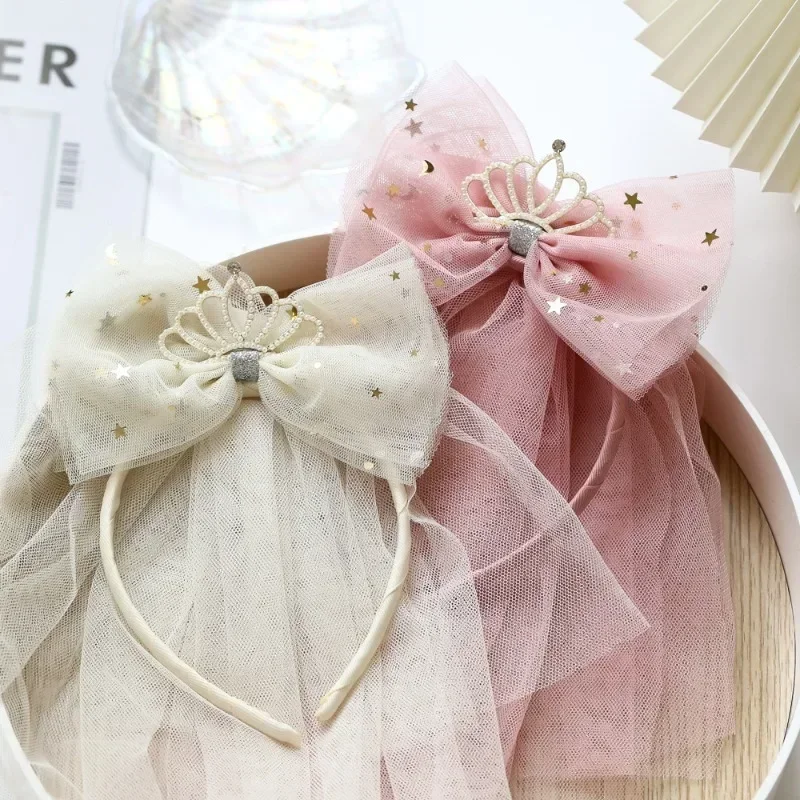 Cute Princess Hairbands for Toddler Girls Retro Veil Bowknot Crown Pearl Hair Hoop Birthday Party Headdress Kids Headwear 2