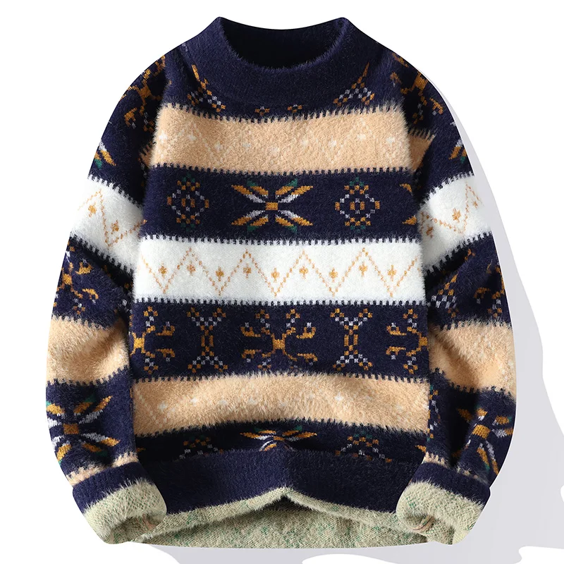 Mink Plush Thickened Round Neck New Men's Autumn and Winter Loose Print Patchwork Fashionable Knitted Sweater Long Sleeved Tops