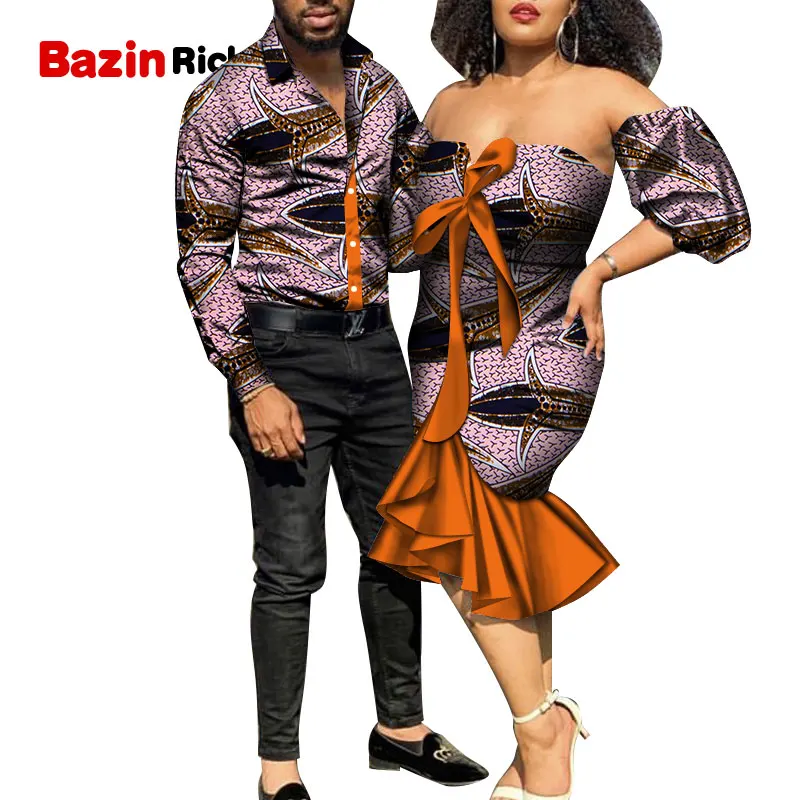 

Couples Matching African Clothes Long Sleeve Shirt Top Men and Women Strapless Maxi Dress Ankara Dresses Wedding Party WYQ584
