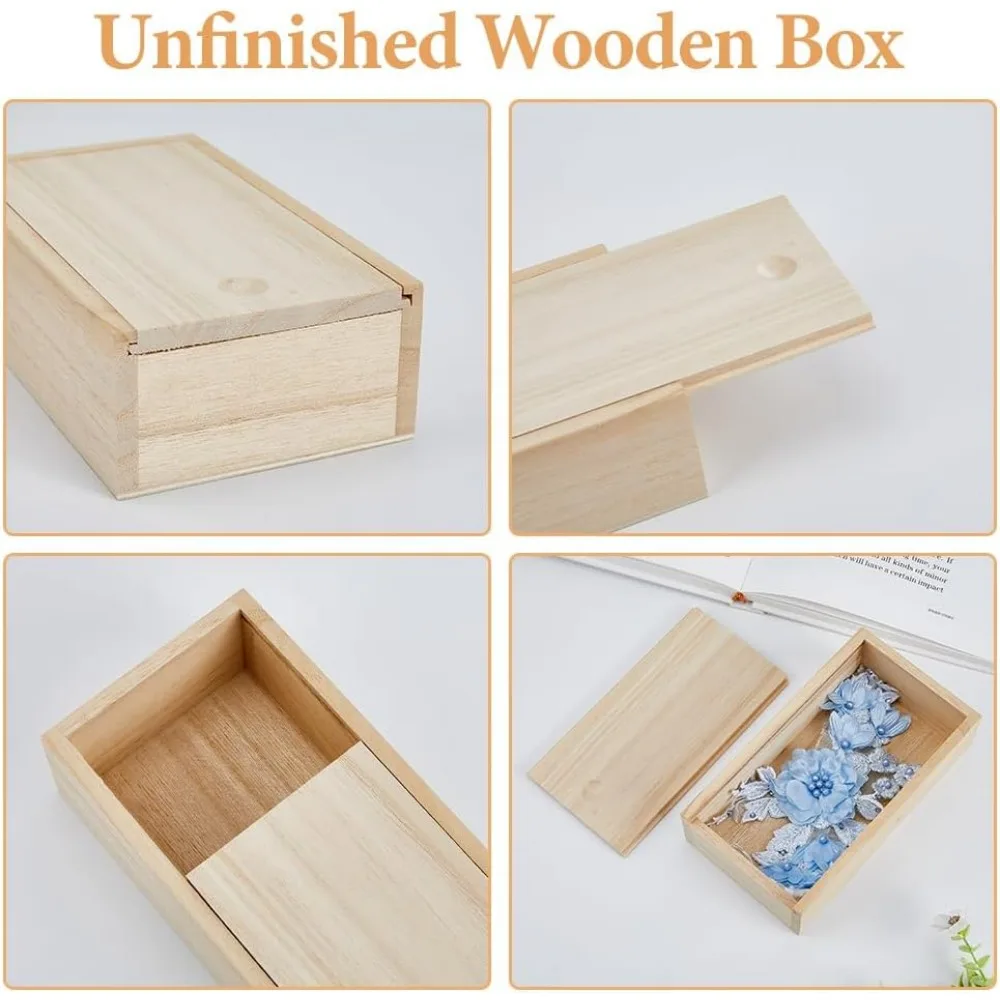 6Pcs Wood Box with Slide Lid 6.6x3.7inch Unfinished Wooden Storage Box Small Wooden Trinket Storage with Slide Top