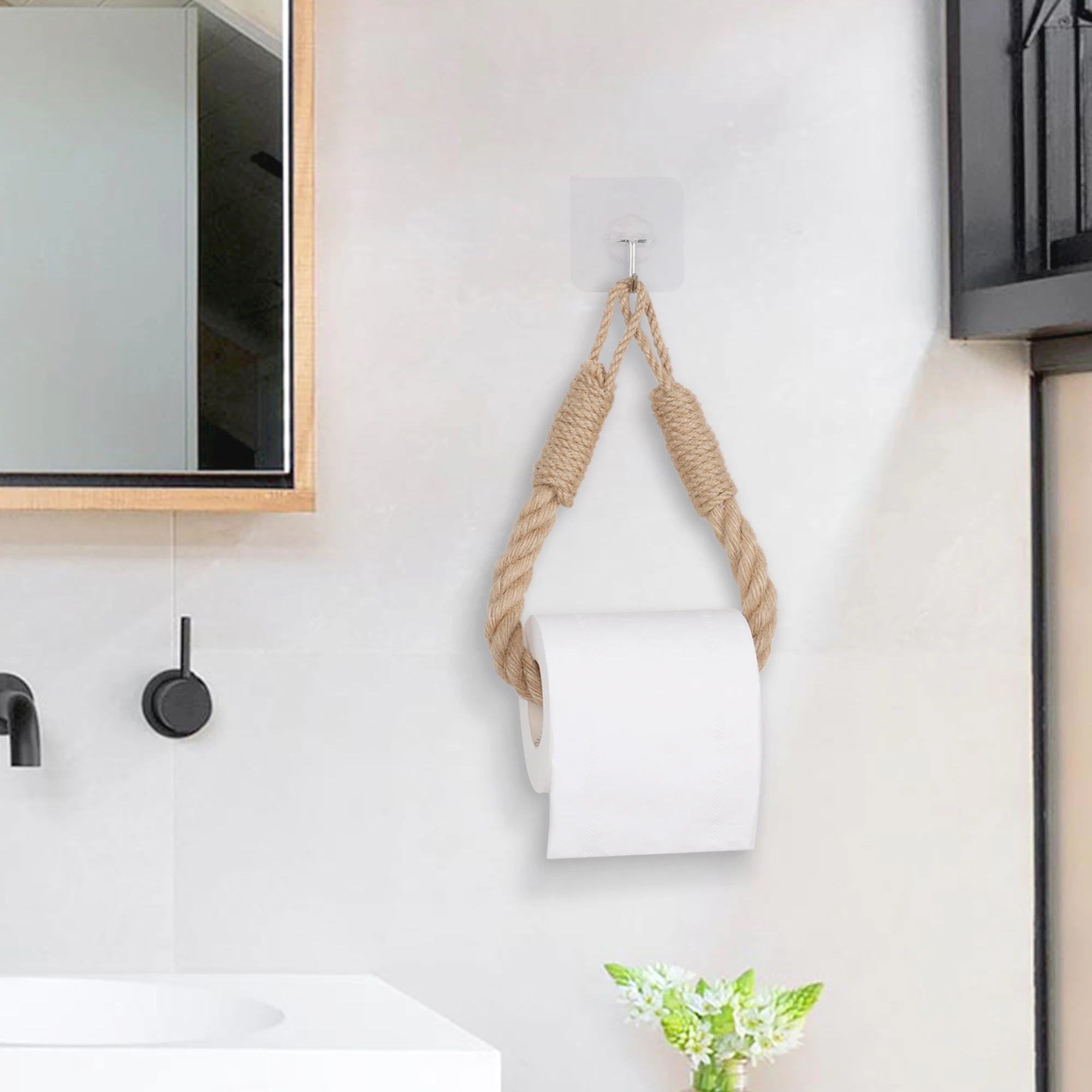 Nail-free Hemp Rope Tissue Holder Wall Hanging Cotton Hemp Bathroom Storage