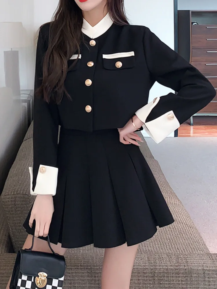 Tweed No Collar Short Cropped Jacket Long Skirt Set (2色) New 2023 Spring Tweed Fashion Collision Color Crop Jacket