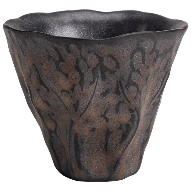 Japanese-Style Gilding Iron Glaze Lotus Tea Cup, Retro Stoneware Tea Cup, Fragrance-Smelling Small Single Teacup