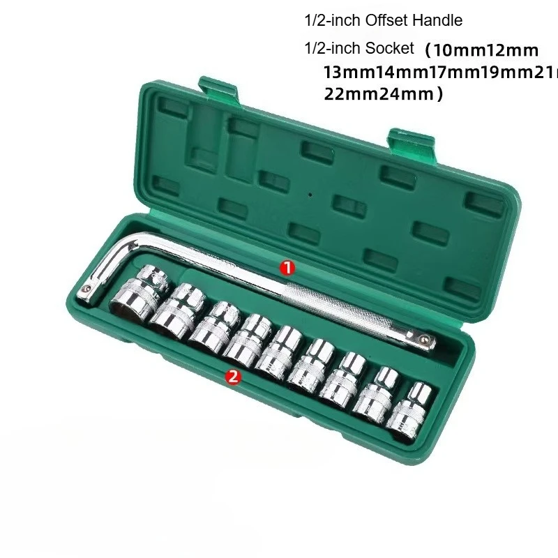 10-Piece Socket Wrench Set 1/2-inch Hex Socket Ratchet Handle and Offset Handle Mechanical Tool Set