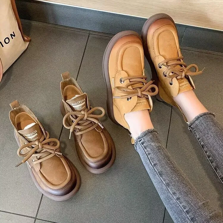 Womens Vintage Ankle Boots Brown Faux Suede Lace Up Flat Booties Woman 2025 New Fashion Solid Color Casual Short Botas Mujer