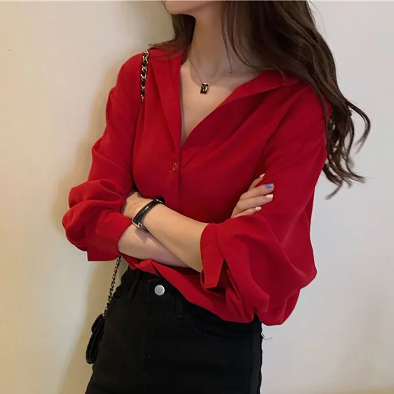 Fashion Solid Color Button All-match Korean Shirt Female Clothing 2022 Autumn New Oversized Casual Tops Loose Office Lady Blouse