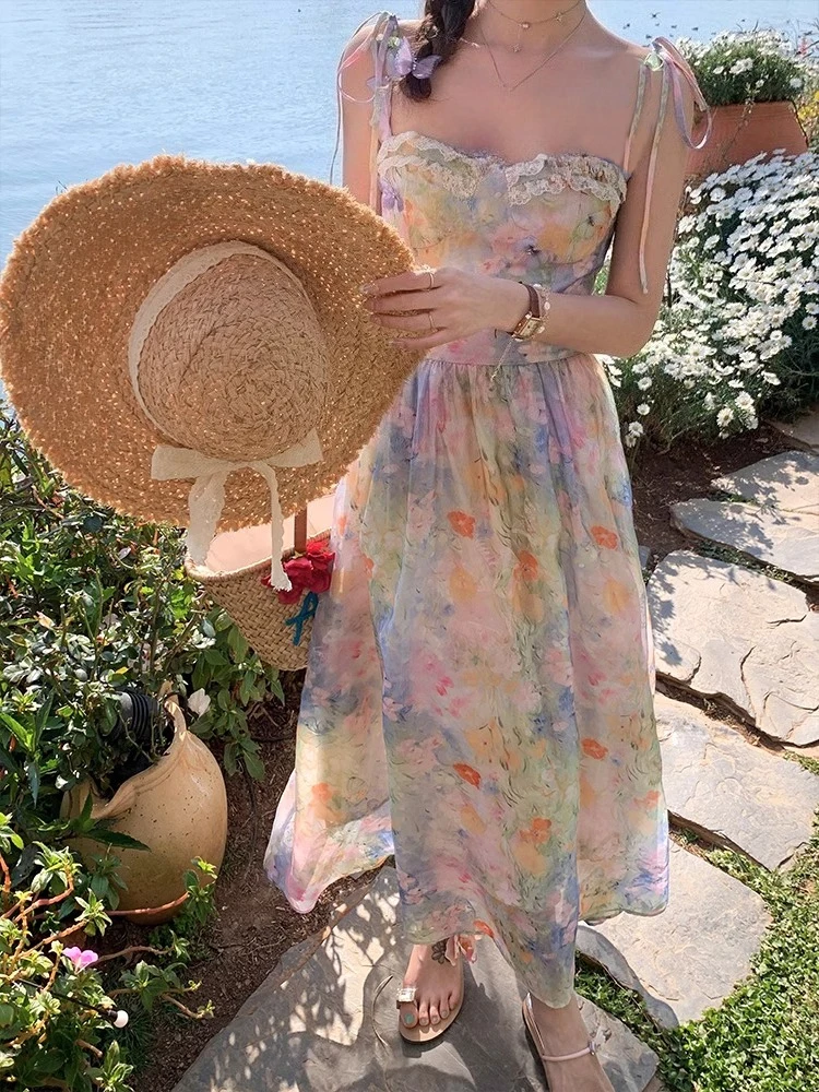 French Elegant Floral Strap Dress Women Sweet Beach Style