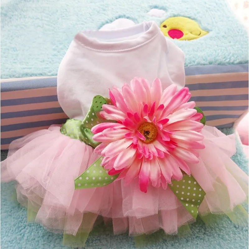 Cute Pet Dog Sunflower Princess Dress Spring Summer Teddy Chihuahua Dog Outfit Pink Lace Design Puppy Accessories