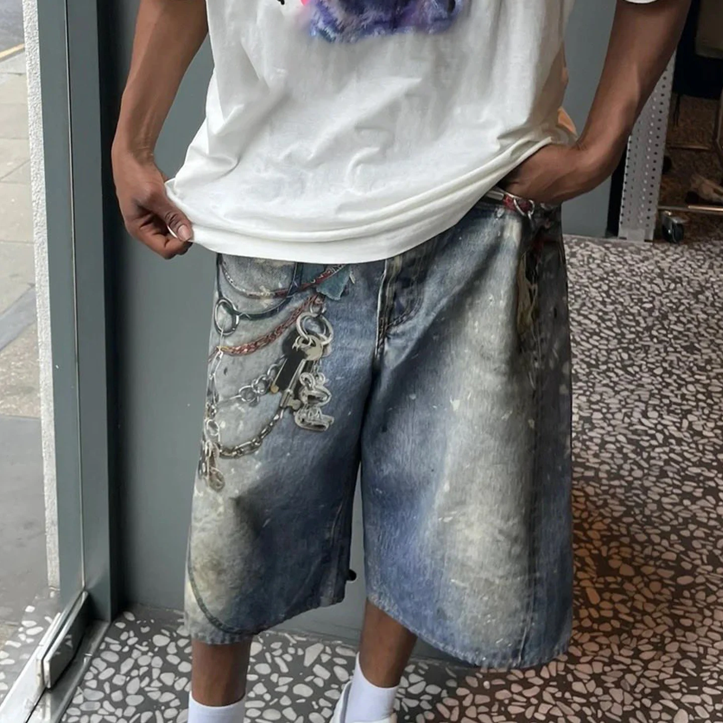 NIGO Men Women Summer Solid Color 3D Printed Low Rise Vintage Casual Loose Denim Shorts Ngvp #nigo8514
