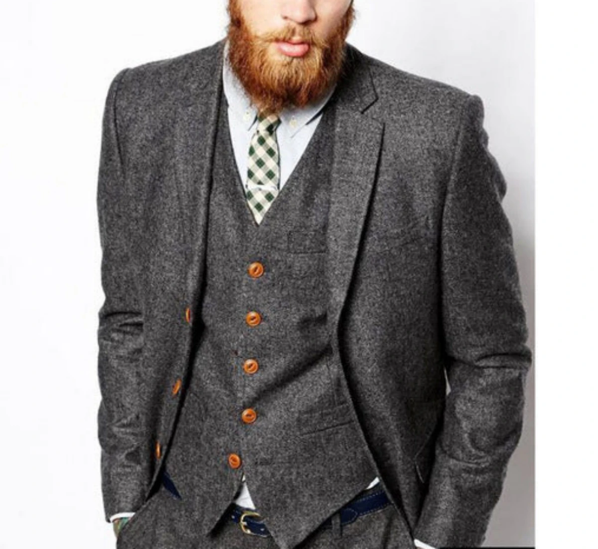 

Grey Herringbone Tweed Men Suit Vintage Fall Winter Groom Tuxedo Ternos Formal Wedding Male Custom 3-Piece Classic Costume Homme