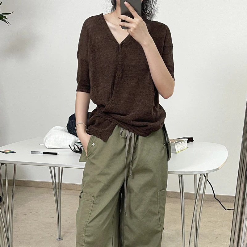 

Spring and autumn women's casual solid color V-neck short-sleeved loose cardigan sweater