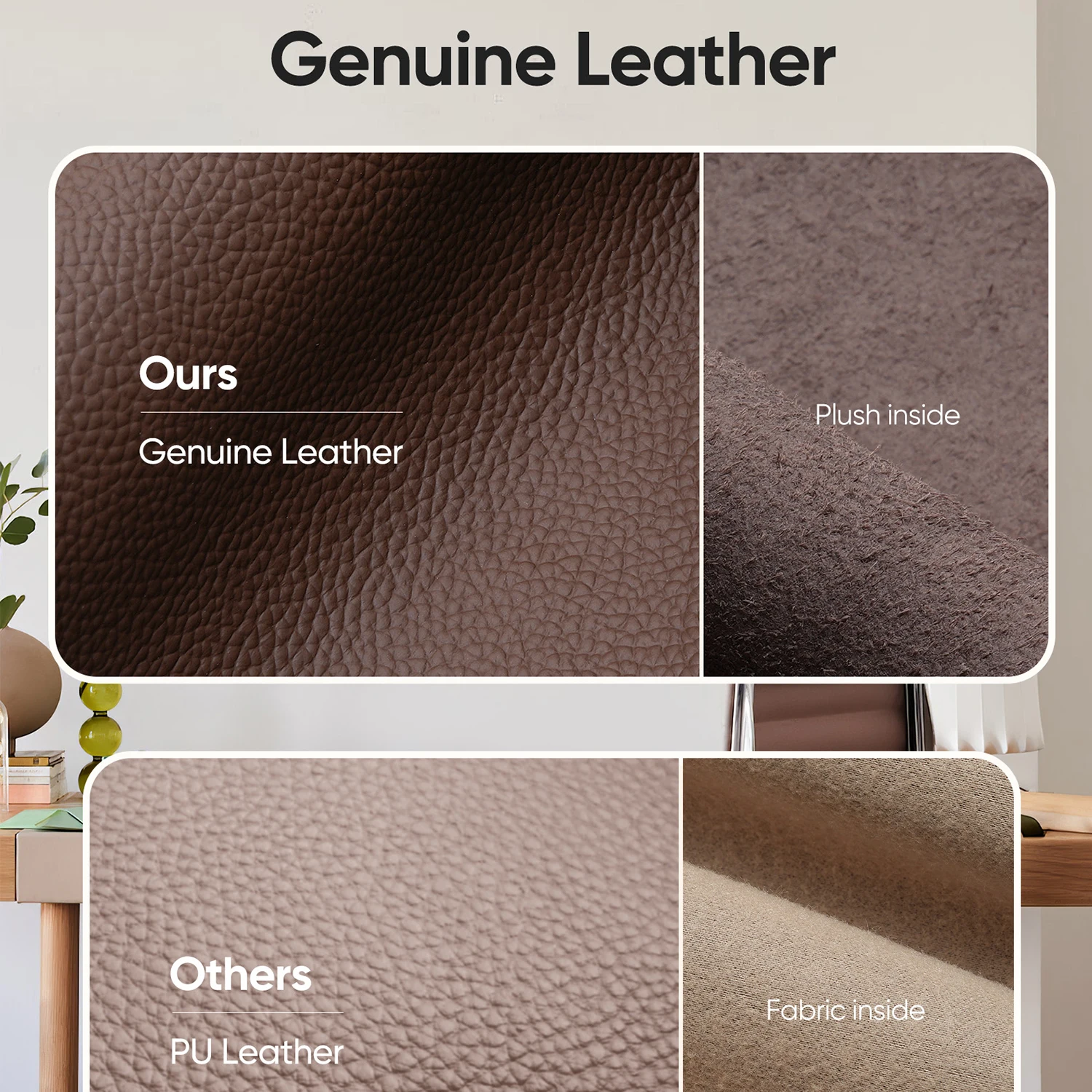 Low Back Brown Ribbed Genuine Leather Office Chair with Aluminium Alloy Frame Swivel Computer Chair 5
