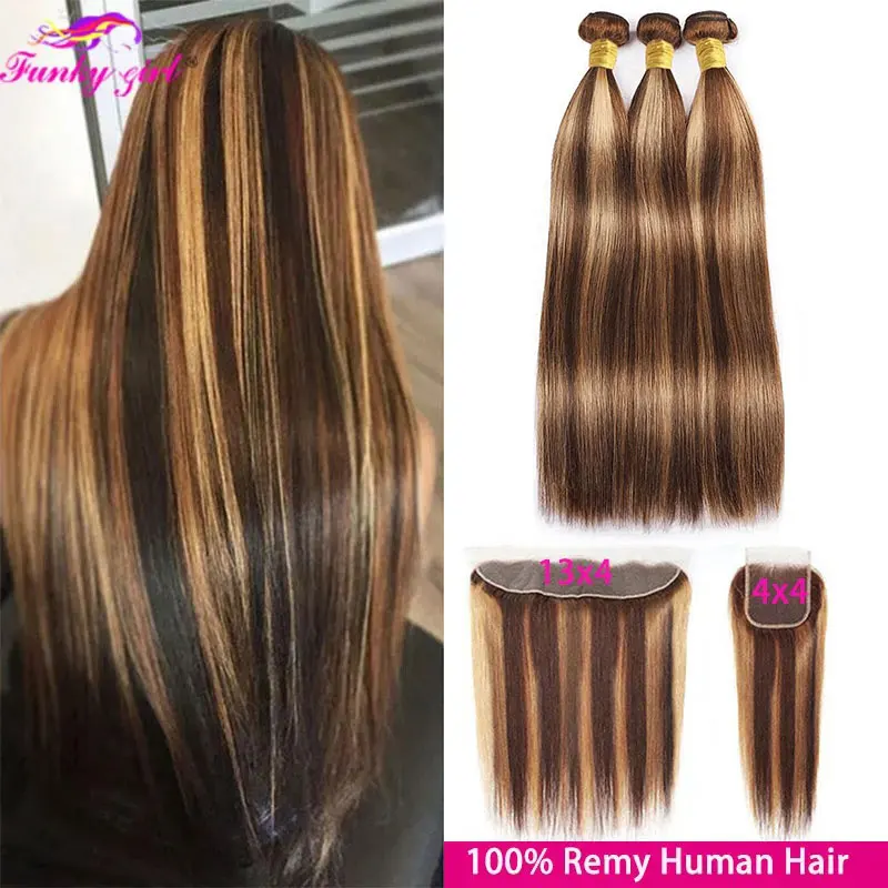 

Brazilian P4 27 Highlight Bundles Straight Human Hair Bundles With Frontal 13x4 Front Ombre Human Hair Weave Bundle With Closure