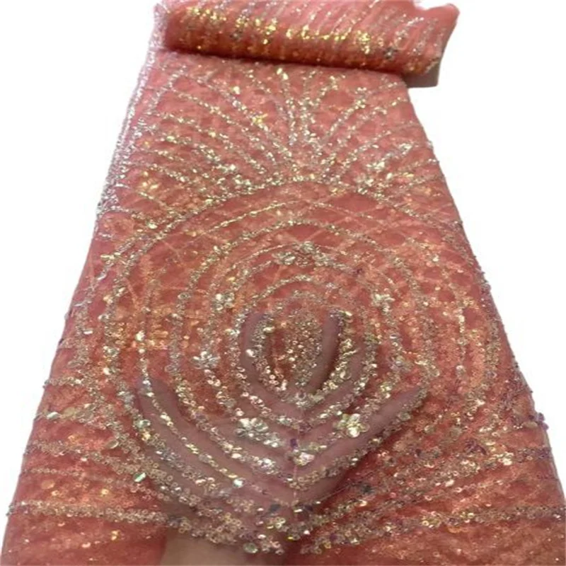 

Handmade Lace African French Lace Fabric Pink High Quality Beaded Groom Sequins Lace For Nigerian Lace Fabrics For Party Dress