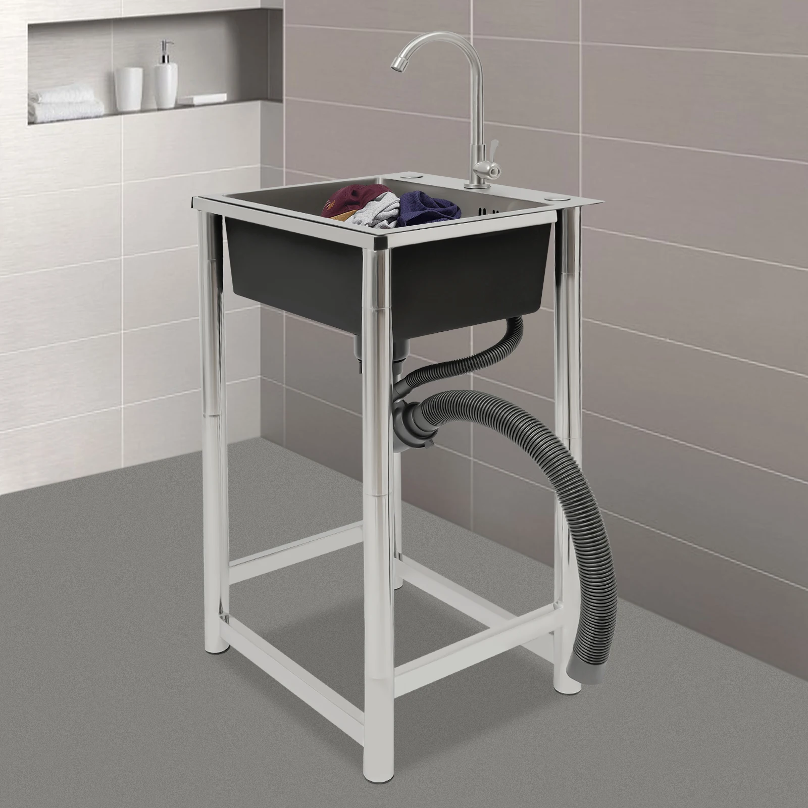 Single Bowl Commercial Sink,Free Standing Sink, Stainless Steel Restaurant Kitchen Cleaning Sink with 360° Rotatable Faucet 3