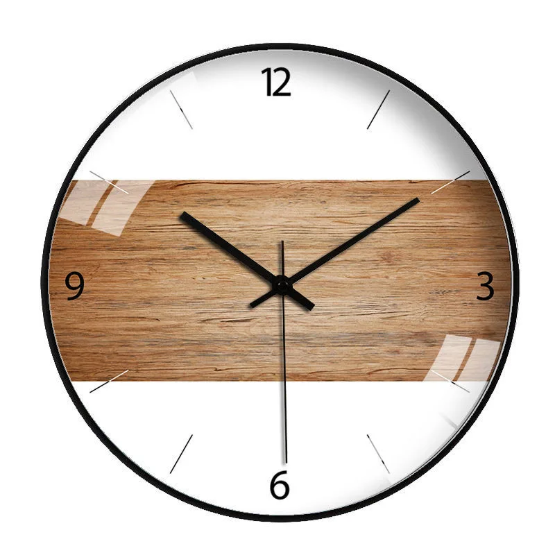 Wood Grain Simple Black Punch-free Wall Clock Golden Mute Cartoon Glass Clock Color:136H;Sheet Size:14 inch (35cm)