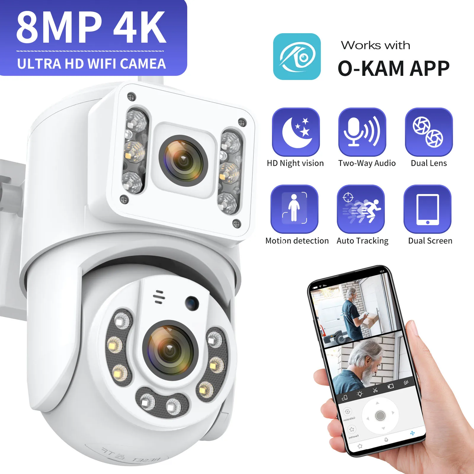 야외용 방수 스마트 듀얼 스크린 8MP 4K WiFi 보안 카메라 야외용 방수 스마트 듀얼 스크린 8MP 4K WiFi 보안 카메라
