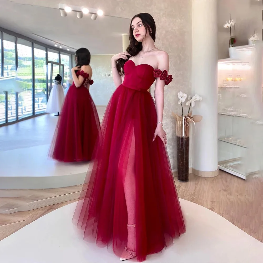 

Burgundy Cherry Prom Dresses Off The Shoulder Rose Floral 2023 Exposed Boning Formal High Split Women Formal Evening Party Gowns