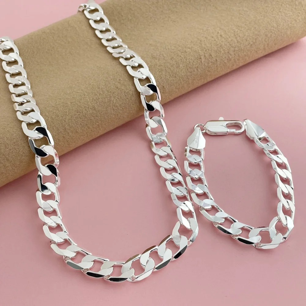  12MM 사이드 체인 팔찌 23CM 목걸이 쥬얼리 세트, 남성용 일상복에 적합