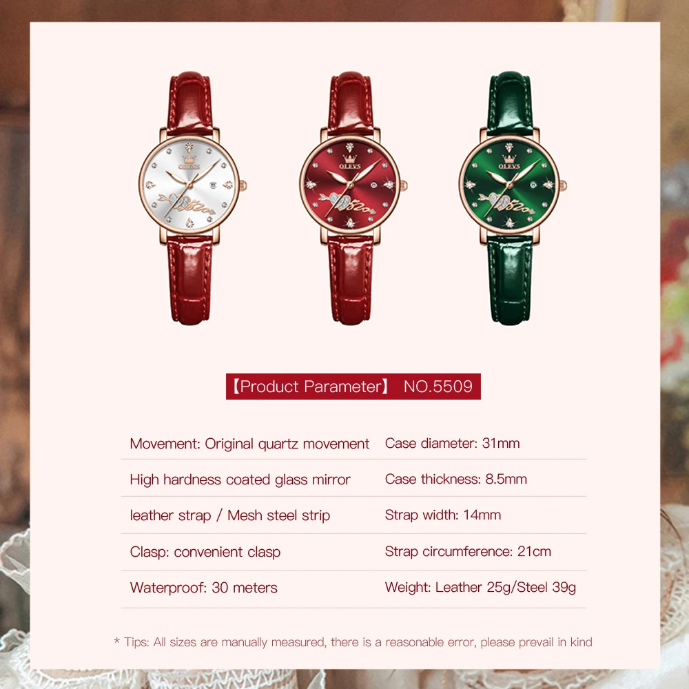 Fashion Luxury Women's Wristwatch Bracelet 2PCS Set Breathable Leather Strap 30m Waterproof and Scratchproof Ladies Quartz Watch