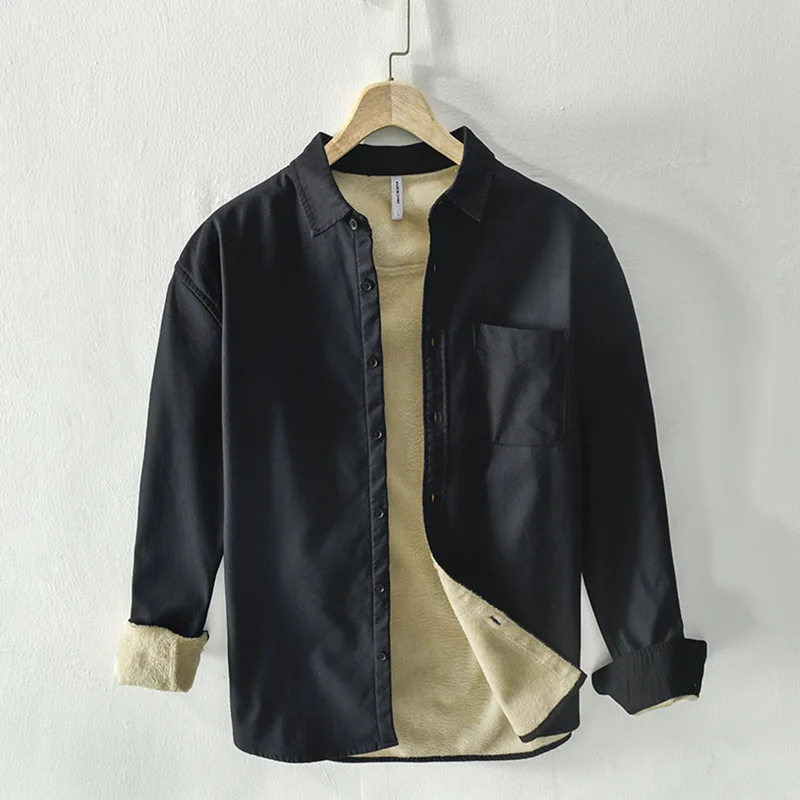 new spring Autumn winter plush warm casual men's long sleeve shirt loose fashion men's clothing Solid color mens